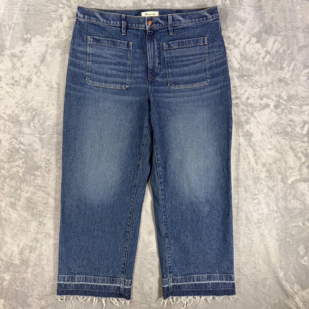 Madewell Emmett Wide Leg Jeans Women's Size 33 Dark Wash Blue Raw Patch Pocket